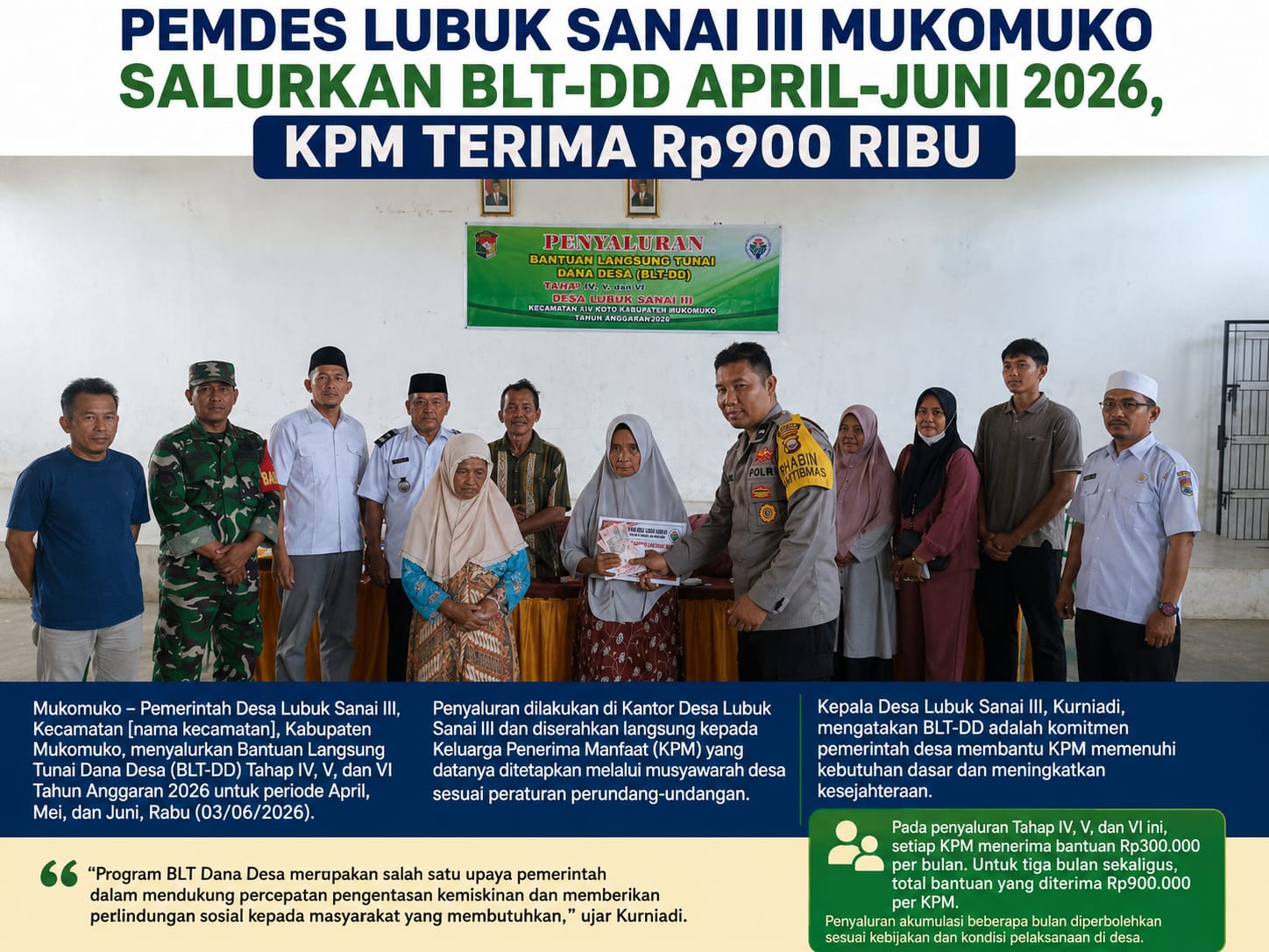 Pemdes Lubuk Sanai III Mukomuko Salurkan BLT-DD April-Juni 2026, KPM Terima Rp900 Ribu